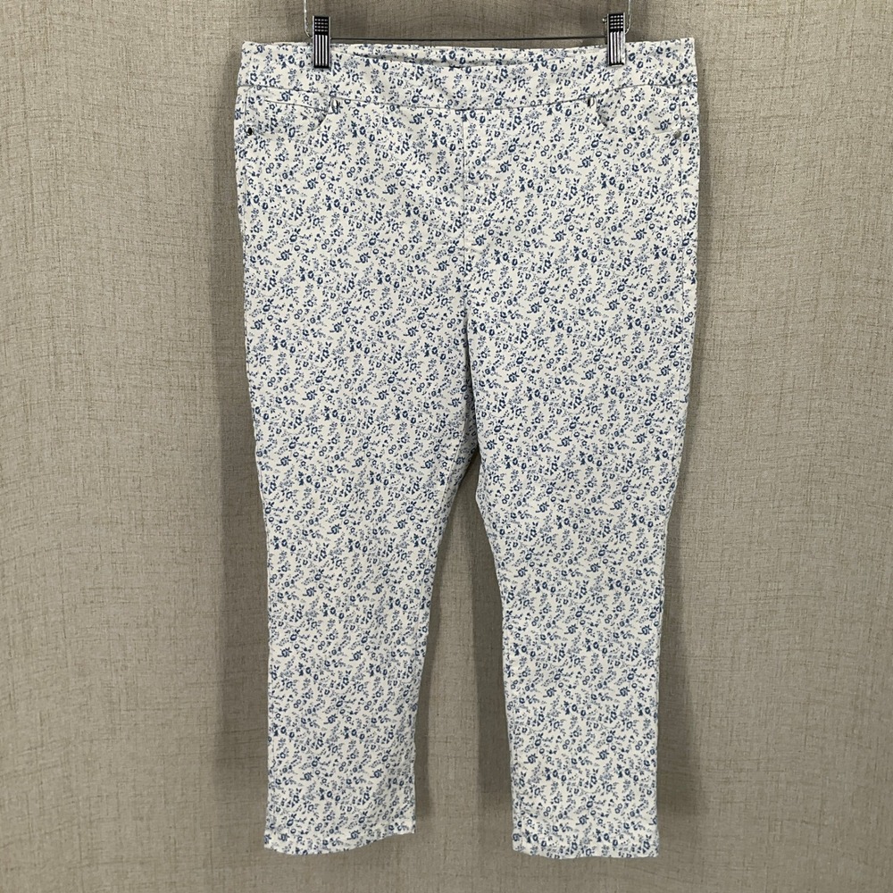 Mario Serrani Italy Pull On Pants Womens XL White Blue Floral Crop Stretch Boho